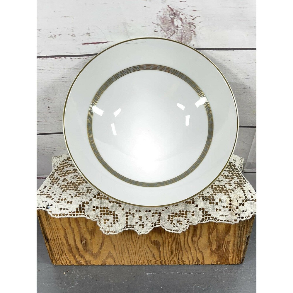 Noritake Japan Hartford 5944 China Round Serving Bowl Grey Gold Greek Key